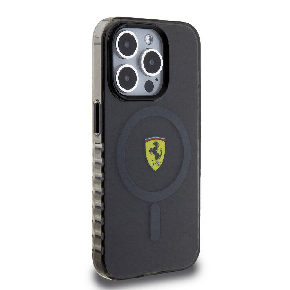 Apple iPhone 15 Pro Max Kılıf Ferrari Orjinal Lisanslı M-safe Şarj Özellikli Tırtıklı Kenar Tasarımlı Ortalanmış Logo Kapak Renksiz
