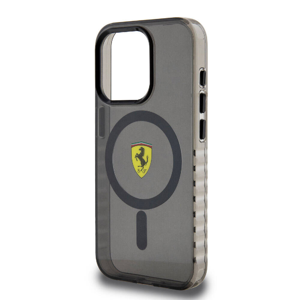 Apple iPhone 15 Pro Max Kılıf Ferrari Orjinal Lisanslı M-safe Şarj Özellikli Tırtıklı Kenar Tasarımlı Ortalanmış Logo Kapak Renksiz