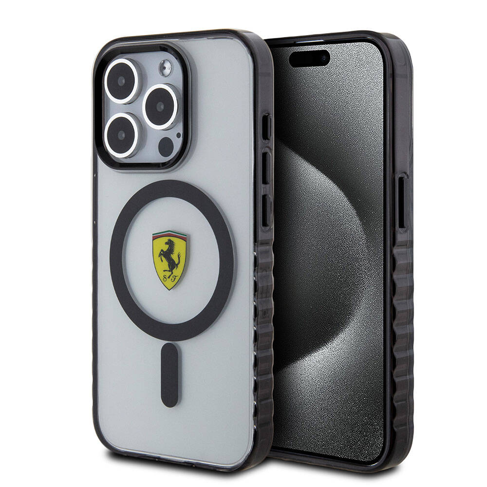 Apple iPhone 15 Pro Max Kılıf Ferrari Orjinal Lisanslı M-safe Şarj Özellikli Tırtıklı Kenar Tasarımlı Ortalanmış Logo Kapak Renksiz