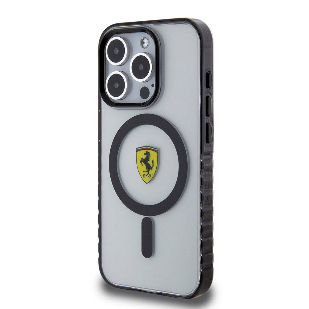 Apple iPhone 15 Pro Max Kılıf Ferrari Orjinal Lisanslı M-safe Şarj Özellikli Tırtıklı Kenar Tasarımlı Ortalanmış Logo Kapak Renksiz