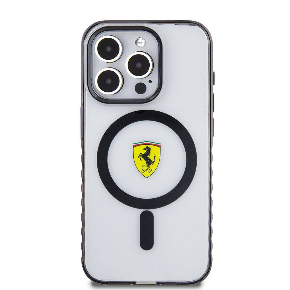 Apple iPhone 15 Pro Max Kılıf Ferrari Orjinal Lisanslı M-safe Şarj Özellikli Tırtıklı Kenar Tasarımlı Ortalanmış Logo Kapak Renksiz