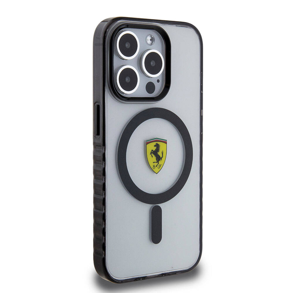Apple iPhone 15 Pro Max Kılıf Ferrari Orjinal Lisanslı M-safe Şarj Özellikli Tırtıklı Kenar Tasarımlı Ortalanmış Logo Kapak Kırmızı