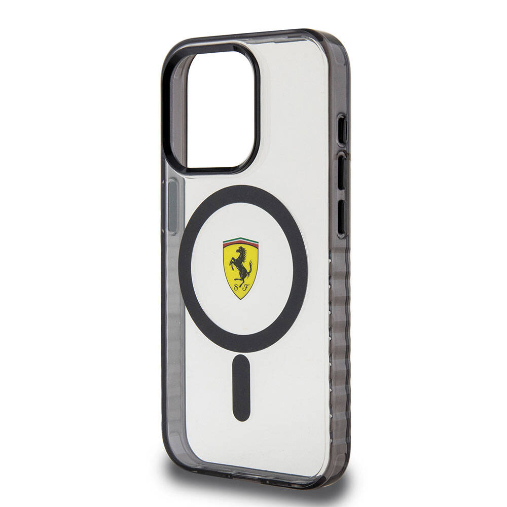 Apple iPhone 15 Pro Max Kılıf Ferrari Orjinal Lisanslı M-safe Şarj Özellikli Tırtıklı Kenar Tasarımlı Ortalanmış Logo Kapak Renksiz