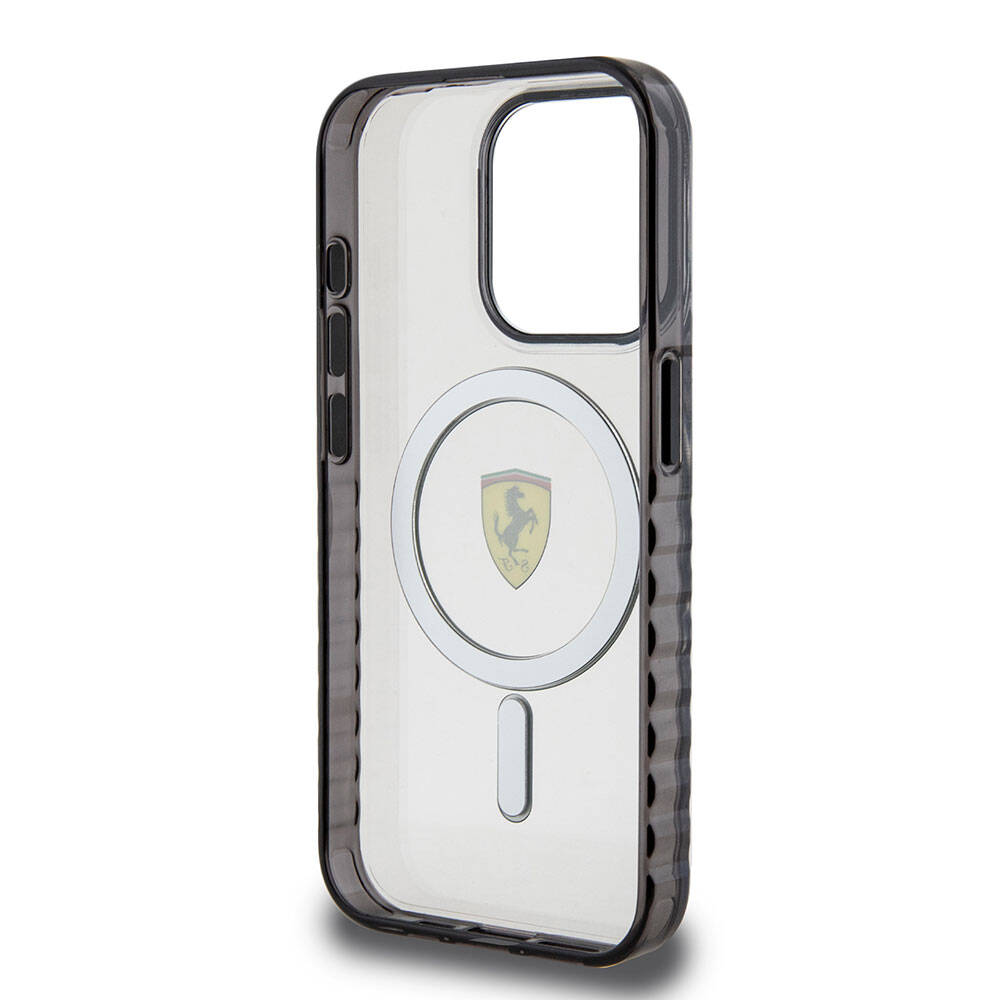 Apple iPhone 15 Pro Max Kılıf Ferrari Orjinal Lisanslı M-safe Şarj Özellikli Tırtıklı Kenar Tasarımlı Ortalanmış Logo Kapak Renksiz