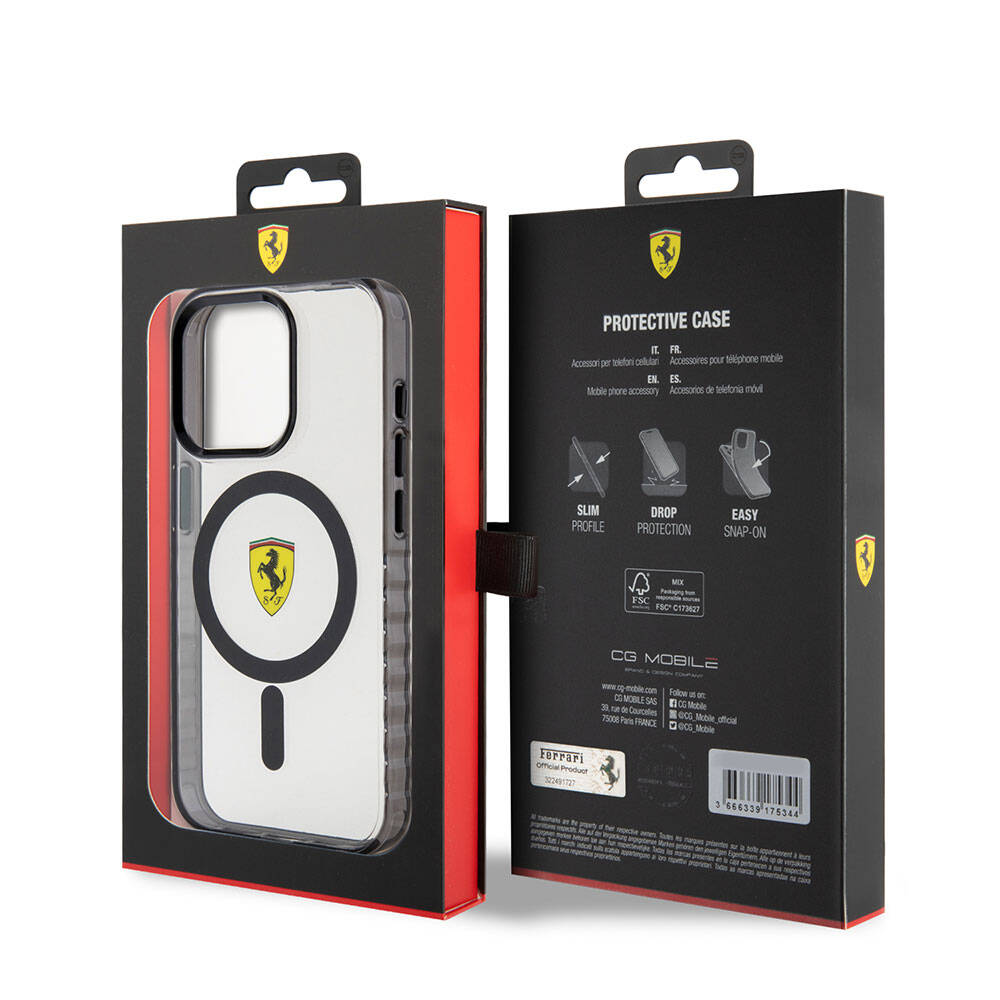 Apple iPhone 15 Pro Max Kılıf Ferrari Orjinal Lisanslı M-safe Şarj Özellikli Tırtıklı Kenar Tasarımlı Ortalanmış Logo Kapak Renksiz