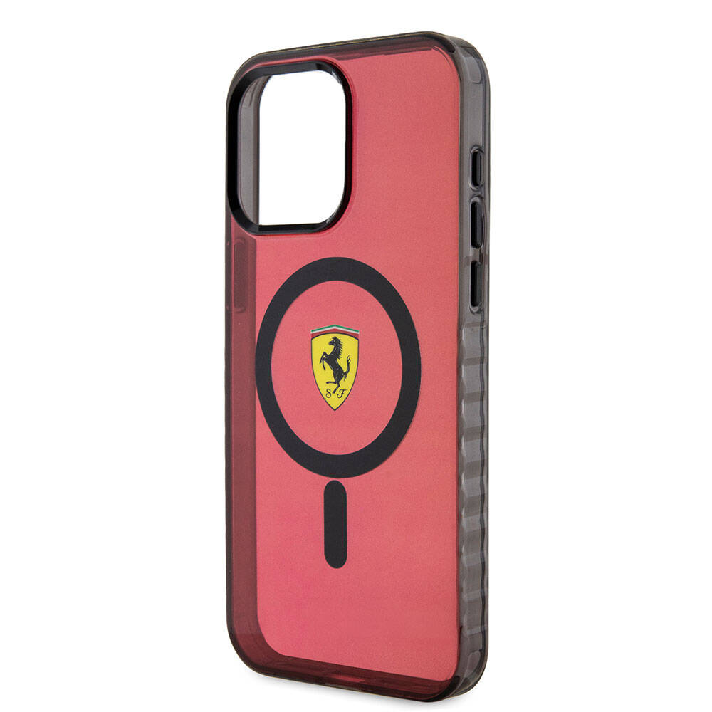 Apple iPhone 15 Pro Max Kılıf Ferrari Orjinal Lisanslı M-safe Şarj Özellikli Tırtıklı Kenar Tasarımlı Ortalanmış Logo Kapak Renksiz