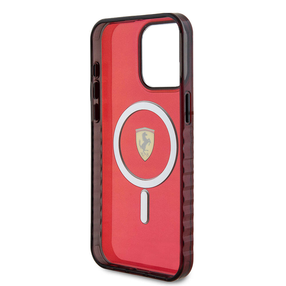 Apple iPhone 15 Pro Max Kılıf Ferrari Orjinal Lisanslı M-safe Şarj Özellikli Tırtıklı Kenar Tasarımlı Ortalanmış Logo Kapak Renksiz