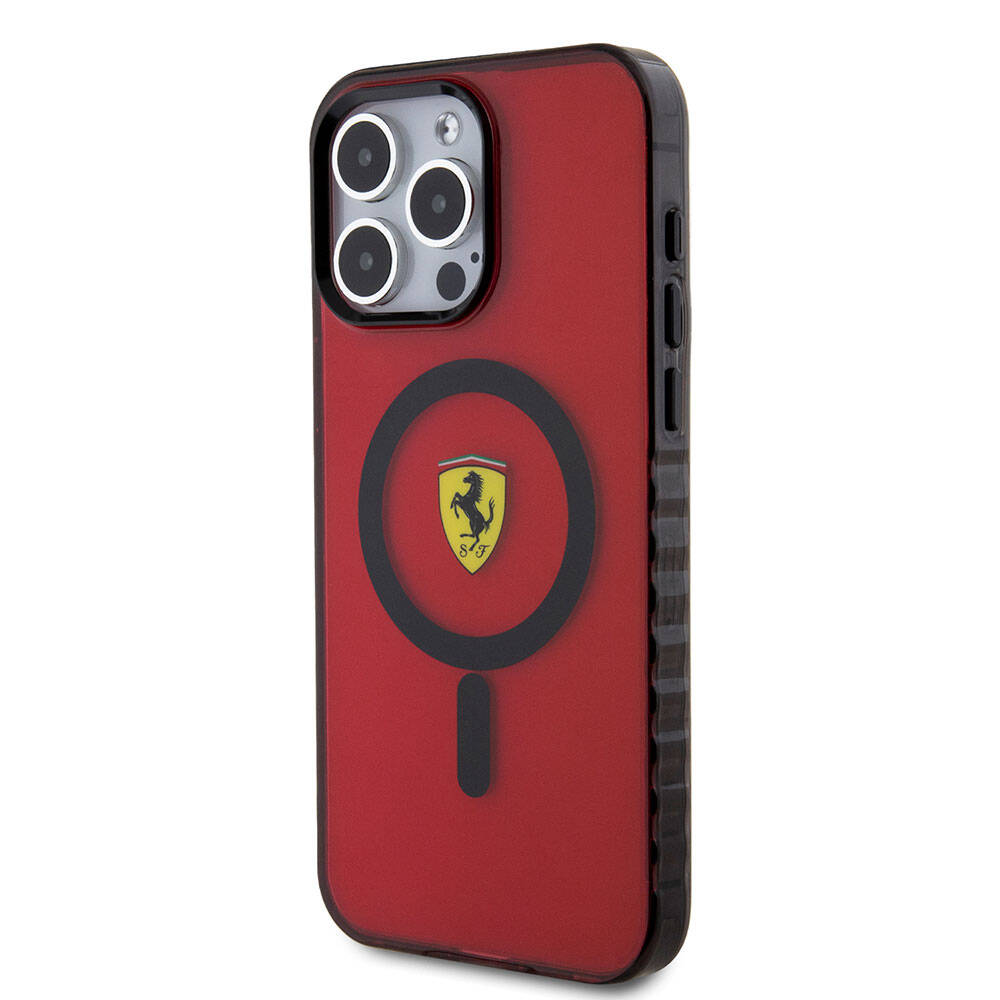 Apple iPhone 15 Pro Max Kılıf Ferrari Orjinal Lisanslı M-safe Şarj Özellikli Tırtıklı Kenar Tasarımlı Ortalanmış Logo Kapak Kırmızı
