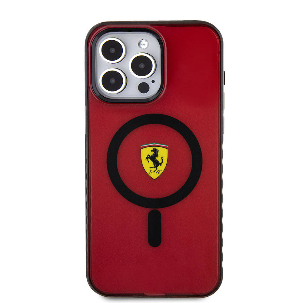 Apple iPhone 15 Pro Max Kılıf Ferrari Orjinal Lisanslı M-safe Şarj Özellikli Tırtıklı Kenar Tasarımlı Ortalanmış Logo Kapak Renksiz