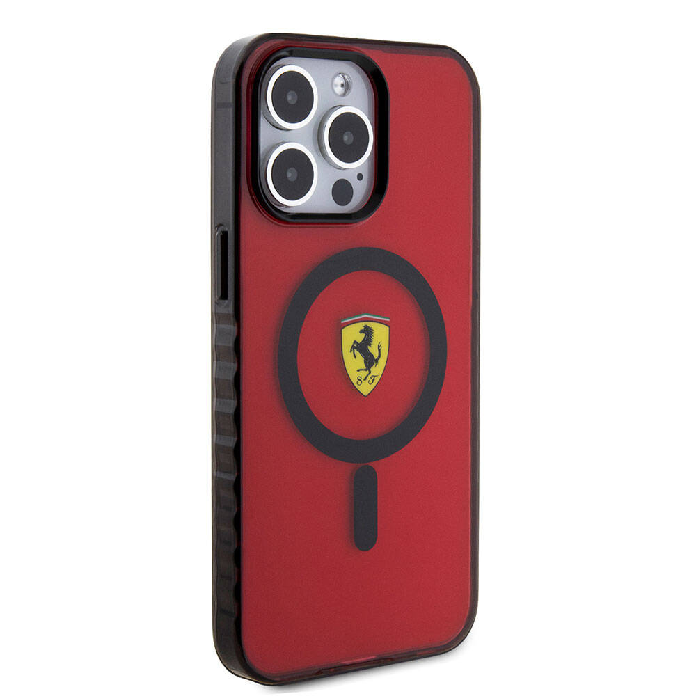 Apple iPhone 15 Pro Max Kılıf Ferrari Orjinal Lisanslı M-safe Şarj Özellikli Tırtıklı Kenar Tasarımlı Ortalanmış Logo Kapak Kırmızı