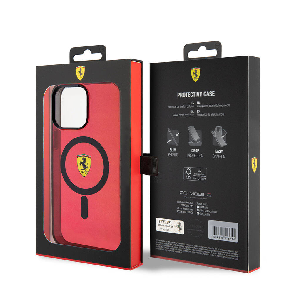 Apple iPhone 15 Pro Max Kılıf Ferrari Orjinal Lisanslı M-safe Şarj Özellikli Tırtıklı Kenar Tasarımlı Ortalanmış Logo Kapak Kırmızı