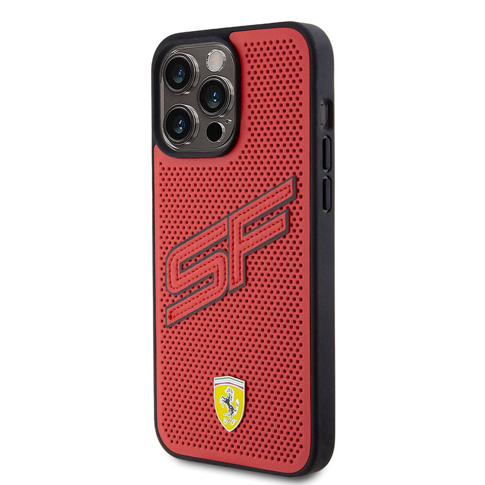 Apple iPhone 15 Pro Max Kılıf Ferrari Orjinal Lisanslı PU Delikli Arka Yüzey Metal Logolu Dikişli Büyük SF Yazılı Kapak Siyah