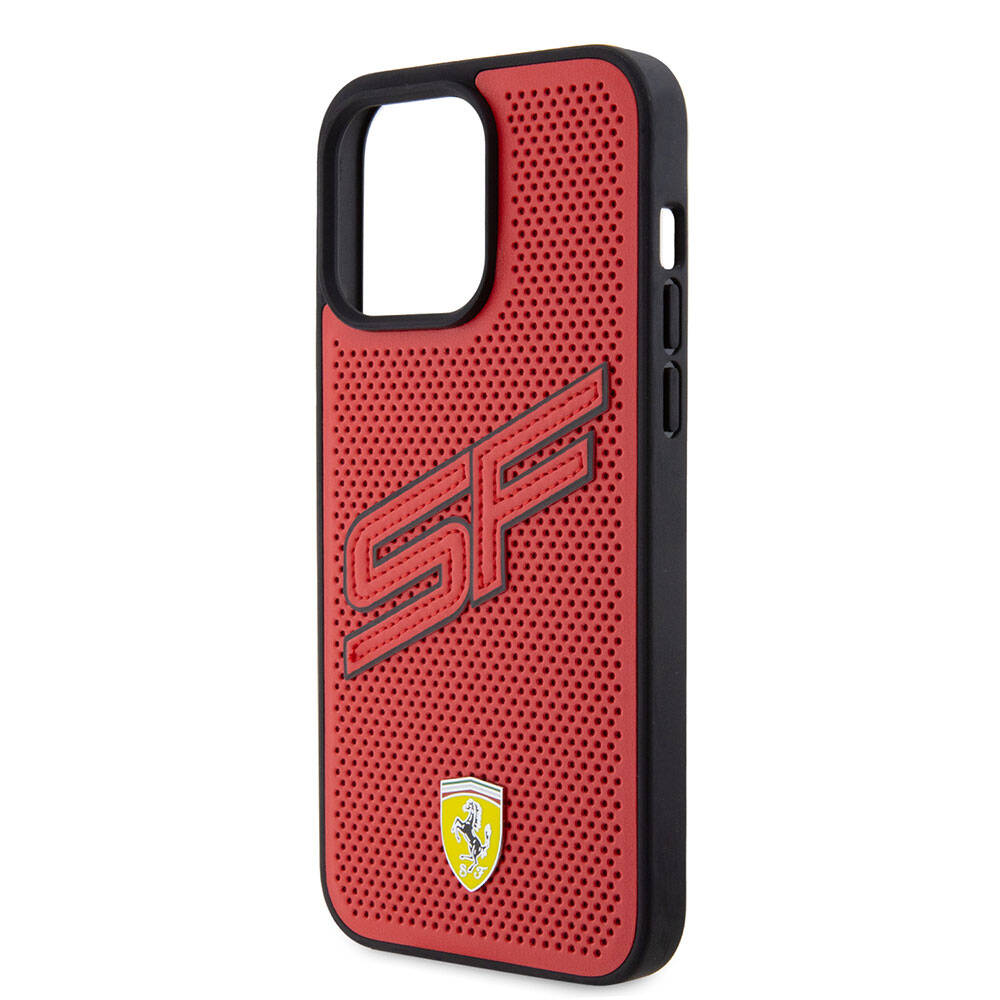 Apple iPhone 15 Pro Max Kılıf Ferrari Orjinal Lisanslı PU Delikli Arka Yüzey Metal Logolu Dikişli Büyük SF Yazılı Kapak Siyah