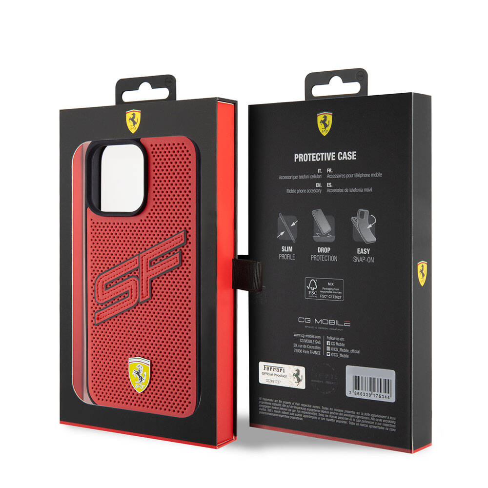 Apple iPhone 15 Pro Max Kılıf Ferrari Orjinal Lisanslı PU Delikli Arka Yüzey Metal Logolu Dikişli Büyük SF Yazılı Kapak Siyah
