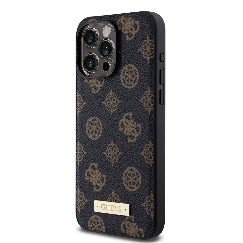 Apple iPhone 15 Pro Max Kılıf Guess M-safe Şarj Özellikli PU Deri Desenli Metal Plaka Logolu Kapak Siyah