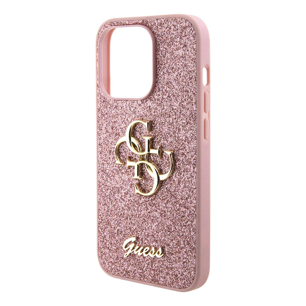 Apple iPhone 15 Pro Max Kılıf Guess Orjinal Lisanslı 4G Büyük Metal Logolu Glitter Kapak Pembe