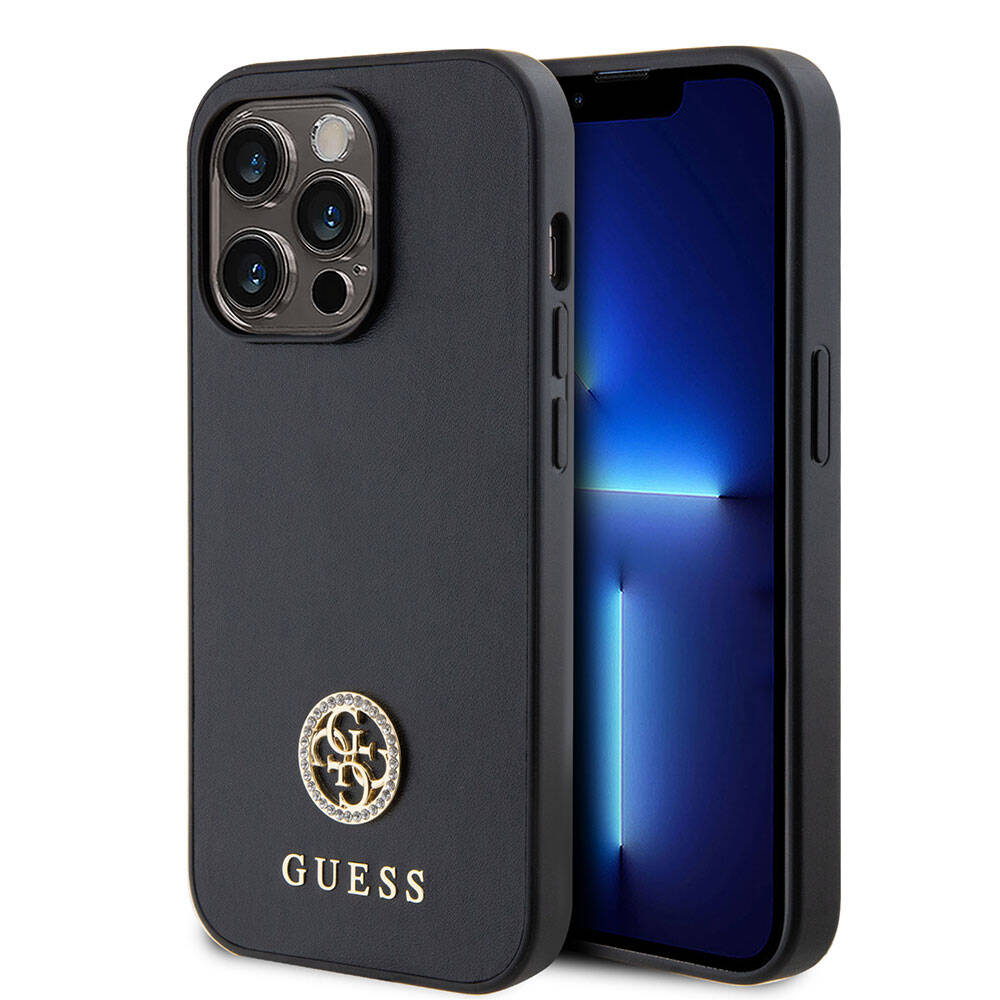 Apple iPhone 15 Pro Max Kılıf Guess Orjinal Lisanslı Deri 4G Metal Logo Strass Kapak Gold