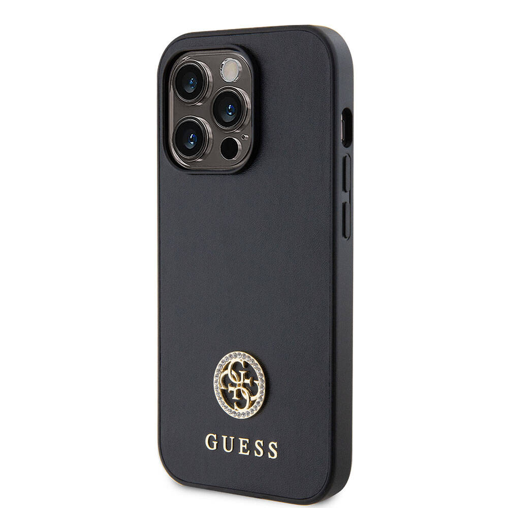 Apple iPhone 15 Pro Max Kılıf Guess Orjinal Lisanslı Deri 4G Metal Logo Strass Kapak Gold