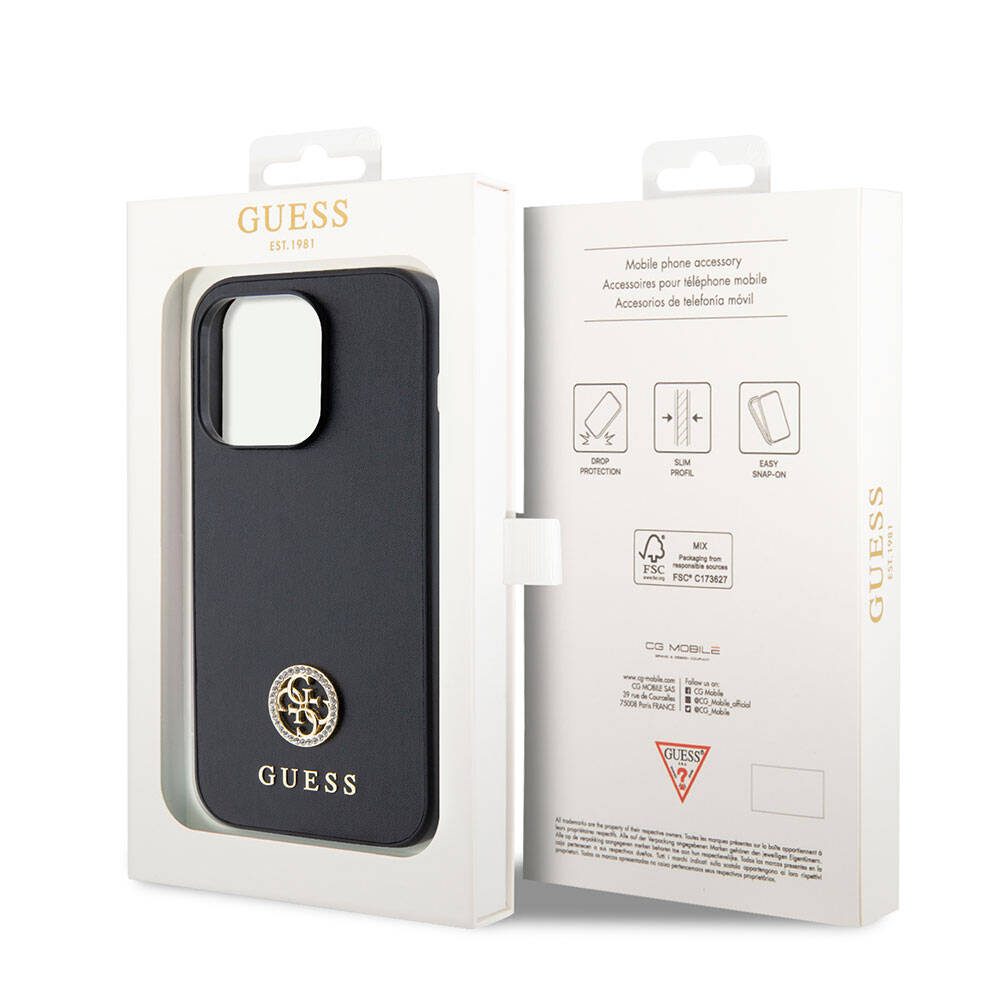 Apple iPhone 15 Pro Max Kılıf Guess Orjinal Lisanslı Deri 4G Metal Logo Strass Kapak Gold