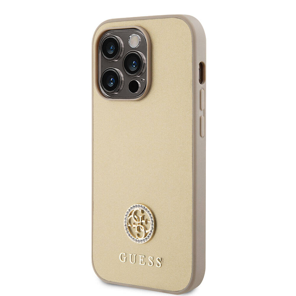 Apple iPhone 15 Pro Max Kılıf Guess Orjinal Lisanslı Deri 4G Metal Logo Strass Kapak Gold
