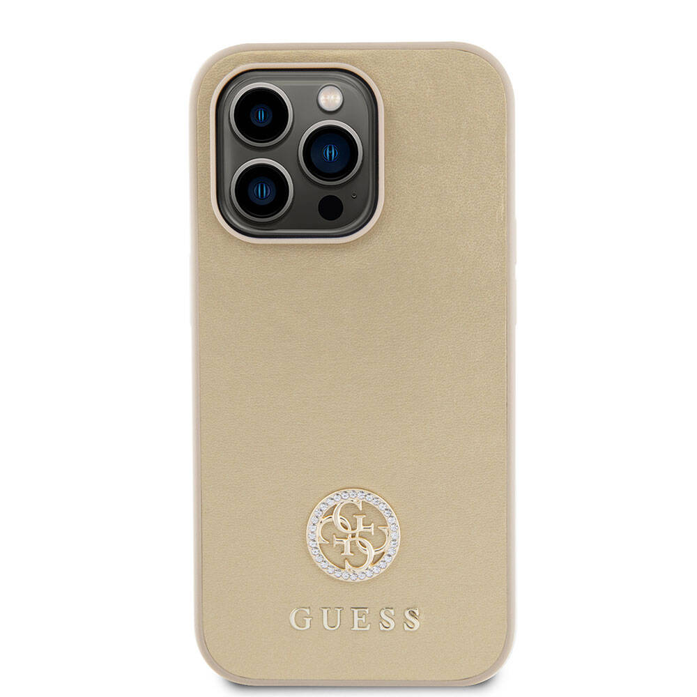 Apple iPhone 15 Pro Max Kılıf Guess Orjinal Lisanslı Deri 4G Metal Logo Strass Kapak Gold