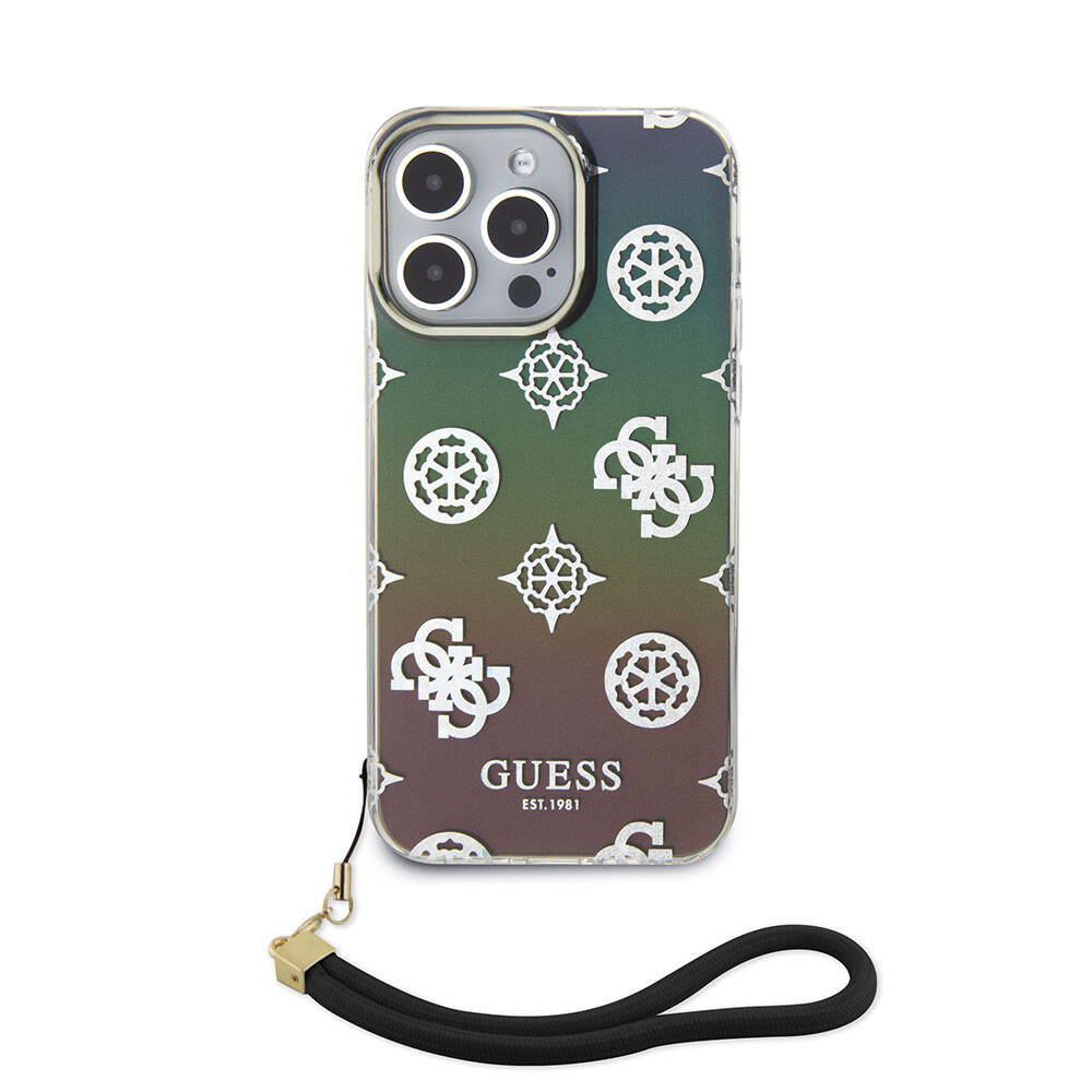 Apple iPhone 15 Pro Max Kılıf Guess Orjinal Lisanslı Desenli Yazı Logolu Askı İpli Holografik Glitter Peony Kapak Pembe