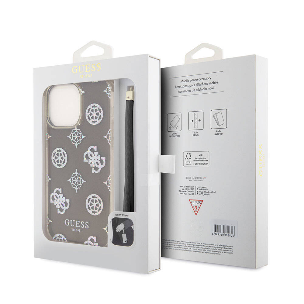 Apple iPhone 15 Pro Max Kılıf Guess Orjinal Lisanslı Desenli Yazı Logolu Askı İpli Holografik Glitter Peony Kapak Pembe