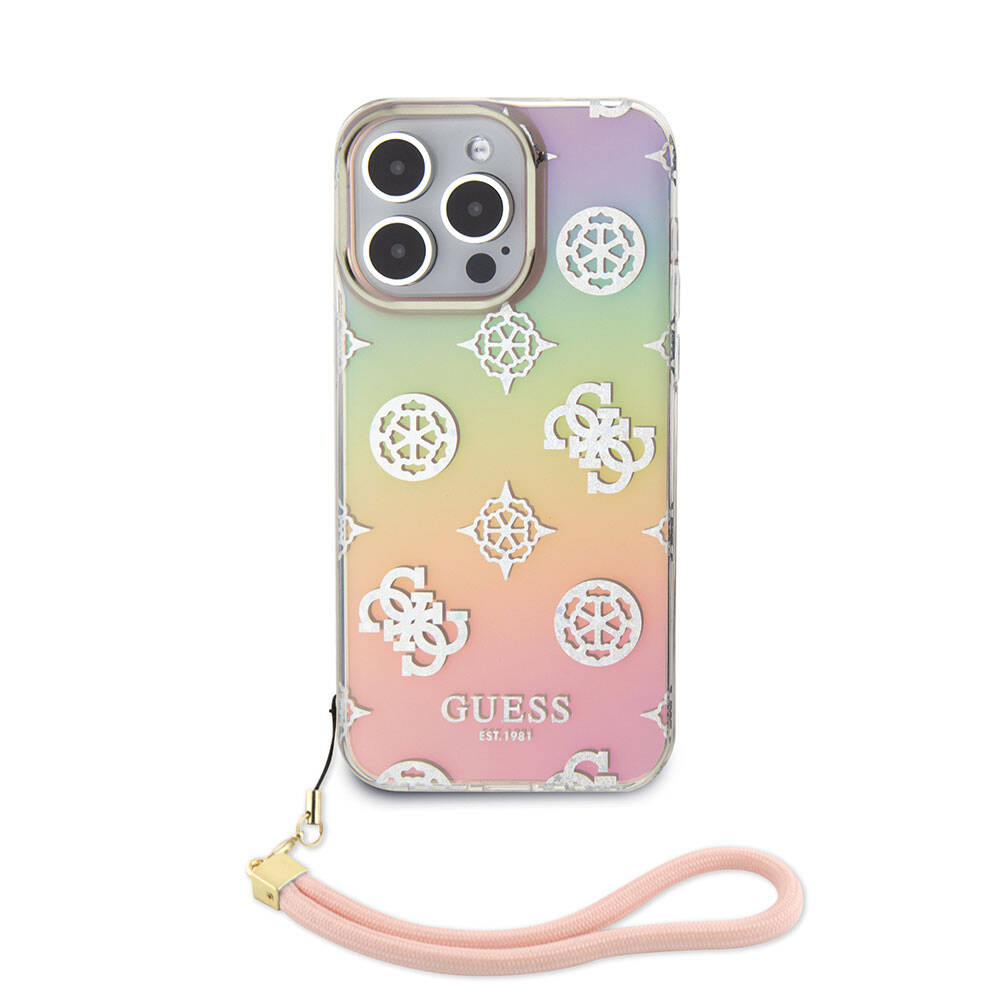 Apple iPhone 15 Pro Max Kılıf Guess Orjinal Lisanslı Desenli Yazı Logolu Askı İpli Holografik Glitter Peony Kapak Pembe