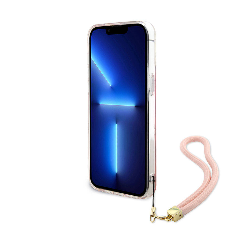 Apple iPhone 15 Pro Max Kılıf Guess Orjinal Lisanslı Desenli Yazı Logolu Askı İpli Holografik Glitter Peony Kapak Pembe