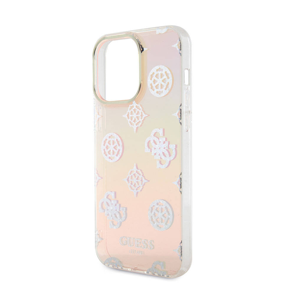 Apple iPhone 15 Pro Max Kılıf Guess Orjinal Lisanslı Desenli Yazı Logolu Askı İpli Holografik Glitter Peony Kapak Pembe