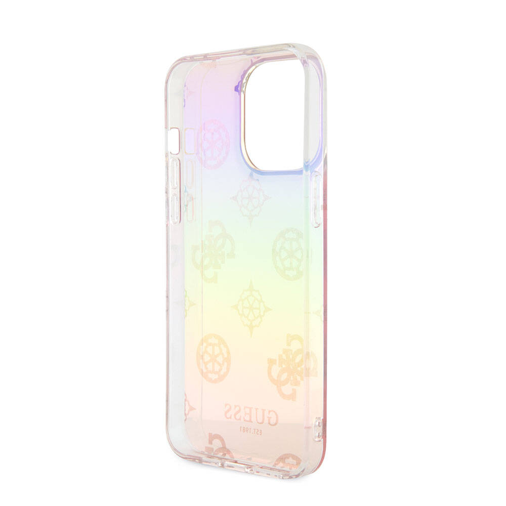 Apple iPhone 15 Pro Max Kılıf Guess Orjinal Lisanslı Desenli Yazı Logolu Askı İpli Holografik Glitter Peony Kapak Pembe