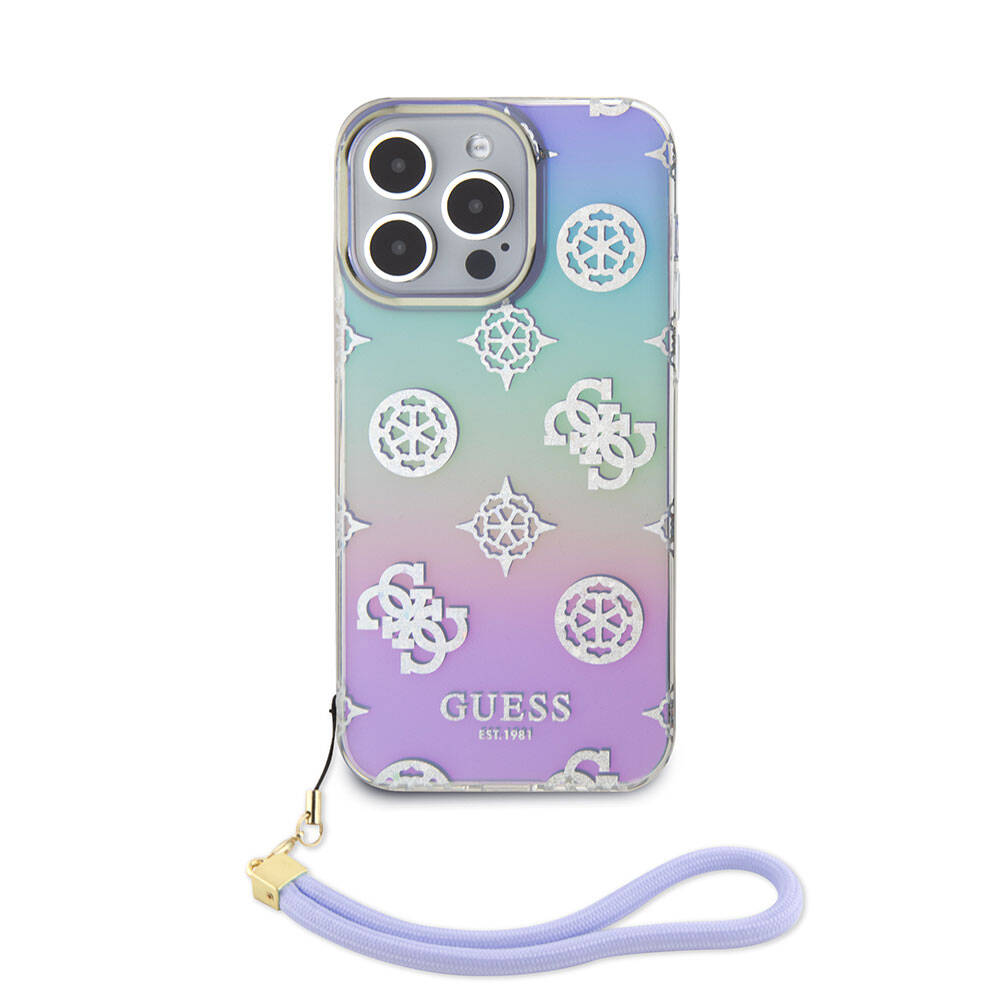 Apple iPhone 15 Pro Max Kılıf Guess Orjinal Lisanslı Desenli Yazı Logolu Askı İpli Holografik Glitter Peony Kapak Siyah