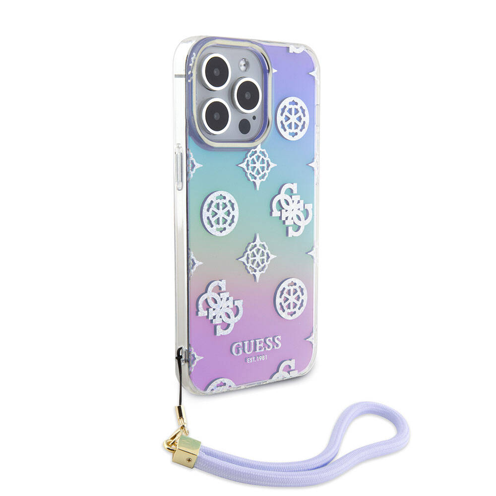 Apple iPhone 15 Pro Max Kılıf Guess Orjinal Lisanslı Desenli Yazı Logolu Askı İpli Holografik Glitter Peony Kapak Mor