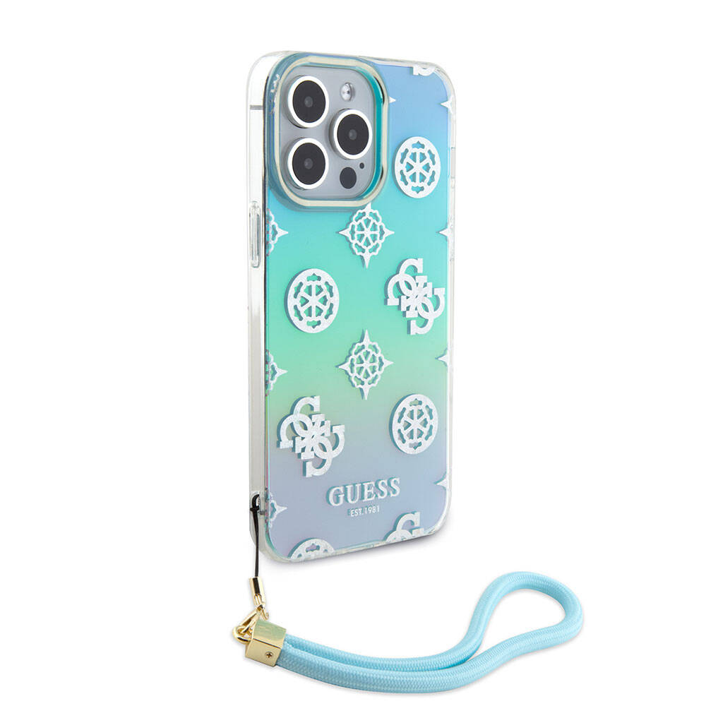 Apple iPhone 15 Pro Max Kılıf Guess Orjinal Lisanslı Desenli Yazı Logolu Askı İpli Holografik Glitter Peony Kapak Pembe