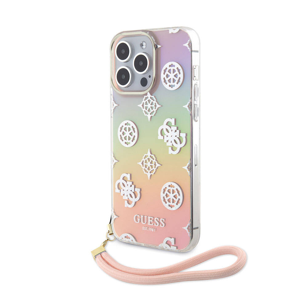 Apple iPhone 15 Pro Max Kılıf Guess Orjinal Lisanslı Desenli Yazı Logolu Askı İpli Holografik Glitter Peony Kapak Pembe