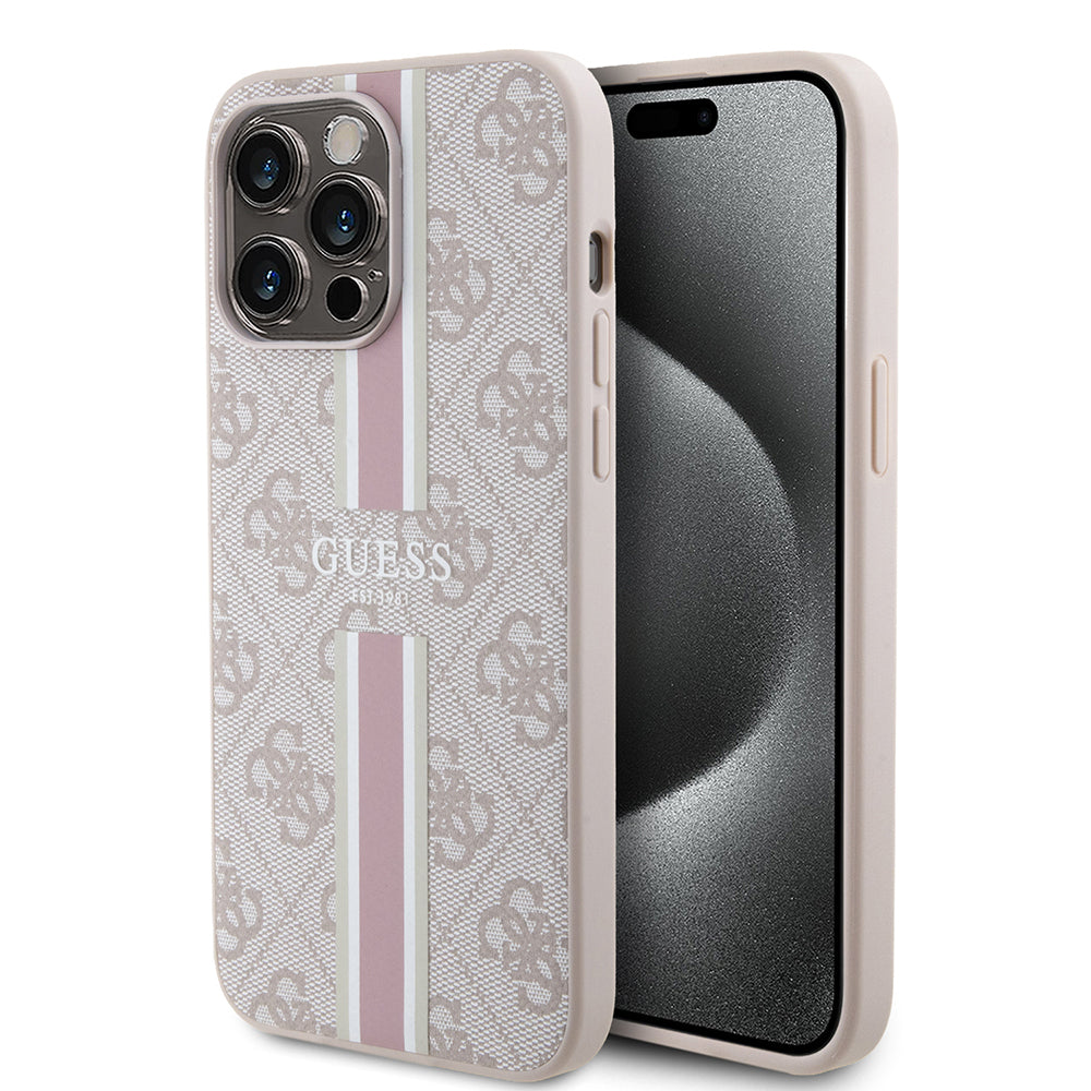 Apple iPhone 15 Pro Max Kılıf Guess Orjinal Lisanslı M-safe Şarj Özellikli 4G Şerit Tasarımlı Printed Kapak Pembe