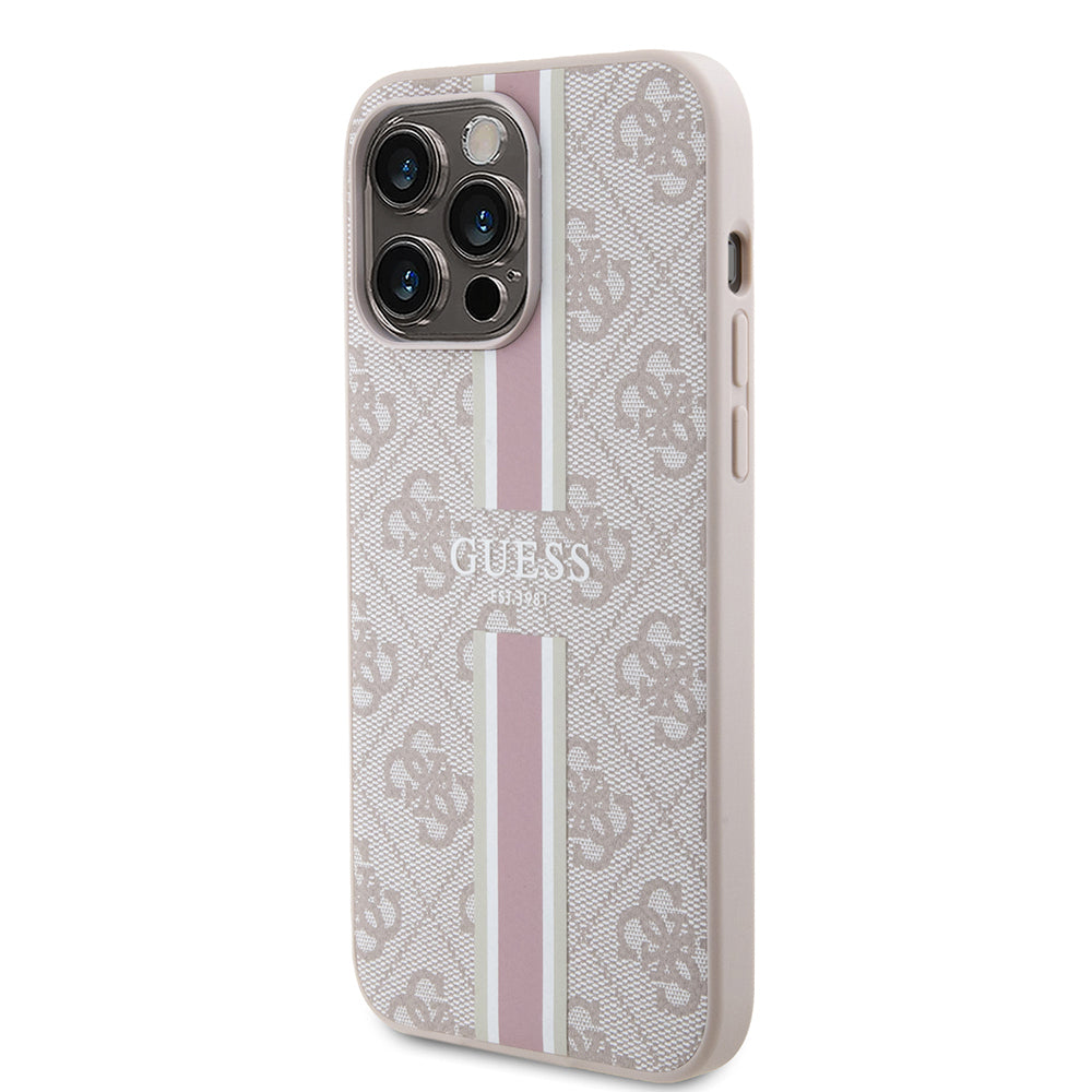 Apple iPhone 15 Pro Max Kılıf Guess Orjinal Lisanslı M-safe Şarj Özellikli 4G Şerit Tasarımlı Printed Kapak Pembe