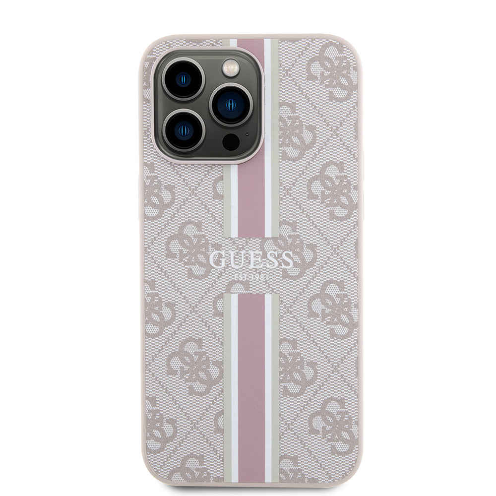 Apple iPhone 15 Pro Max Kılıf Guess Orjinal Lisanslı M-safe Şarj Özellikli 4G Şerit Tasarımlı Printed Kapak Kahverengi