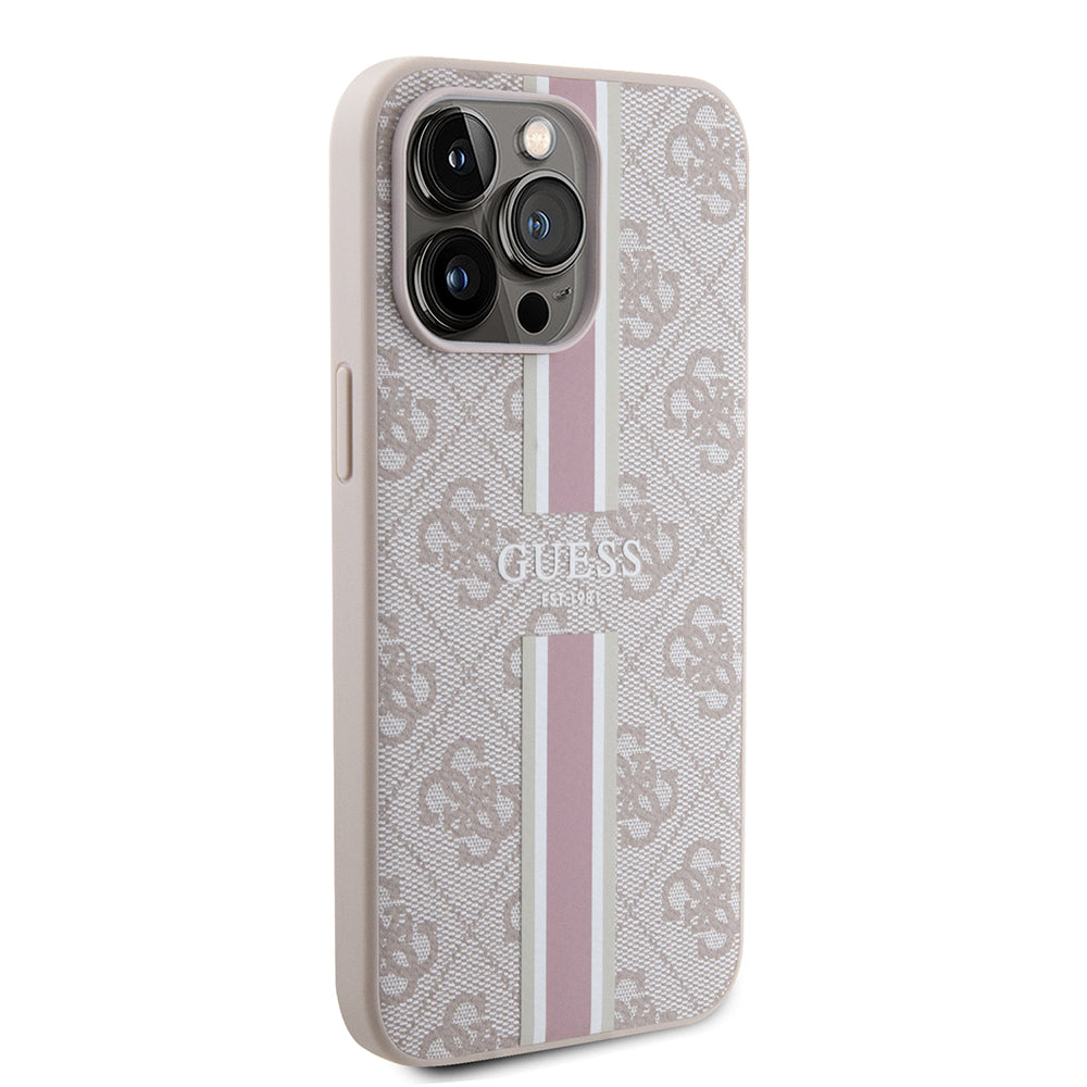 Apple iPhone 15 Pro Max Kılıf Guess Orjinal Lisanslı M-safe Şarj Özellikli 4G Şerit Tasarımlı Printed Kapak Pembe