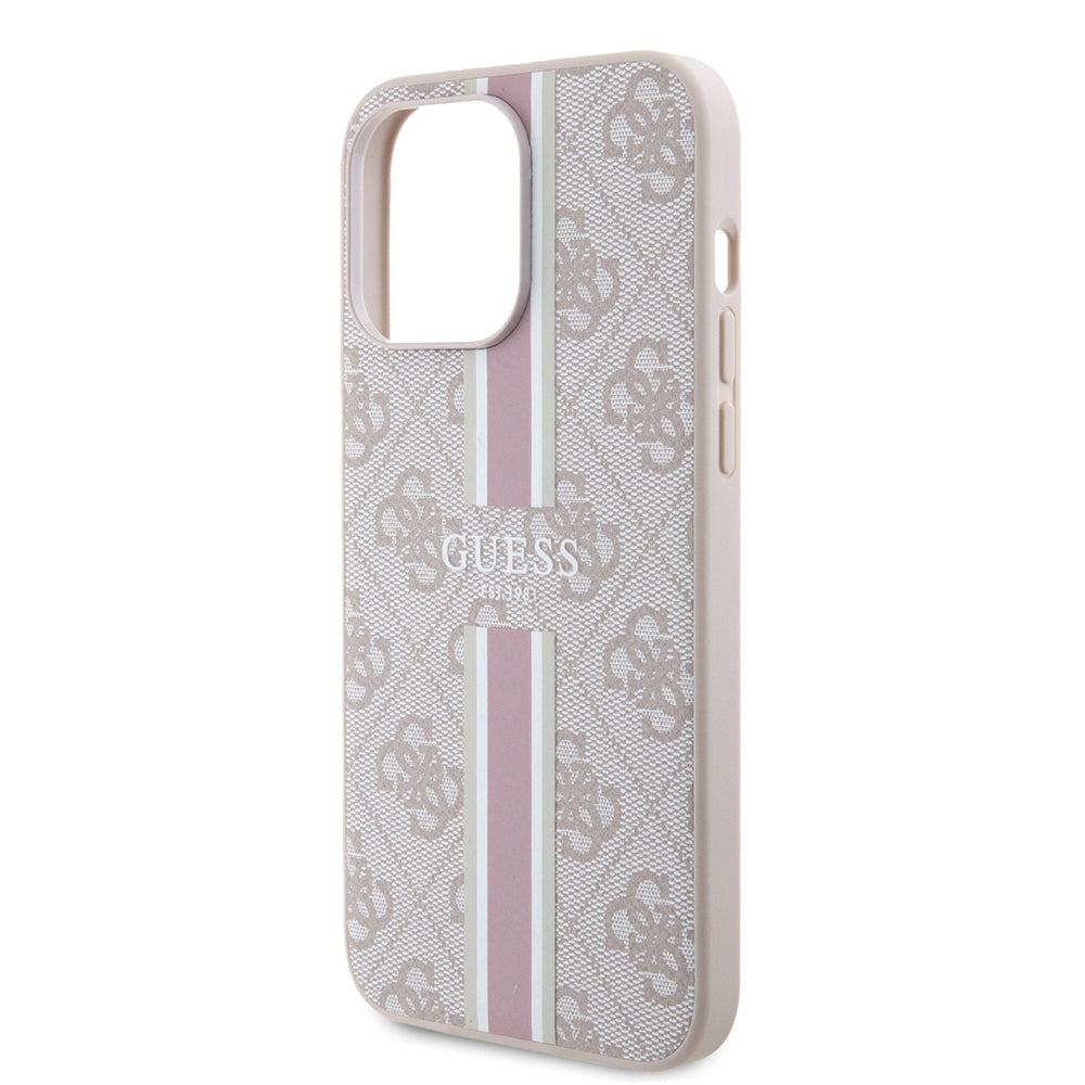 Apple iPhone 15 Pro Max Kılıf Guess Orjinal Lisanslı M-safe Şarj Özellikli 4G Şerit Tasarımlı Printed Kapak Pembe