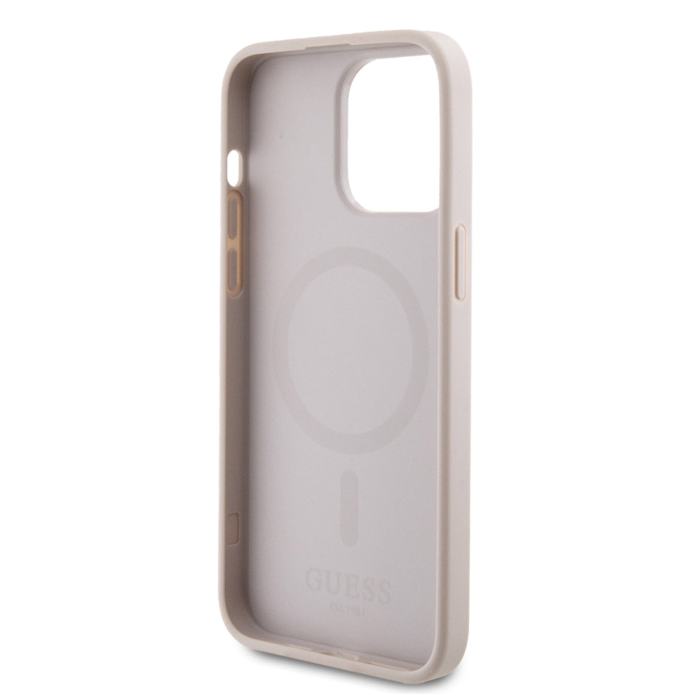 Apple iPhone 15 Pro Max Kılıf Guess Orjinal Lisanslı M-safe Şarj Özellikli 4G Şerit Tasarımlı Printed Kapak Kahverengi