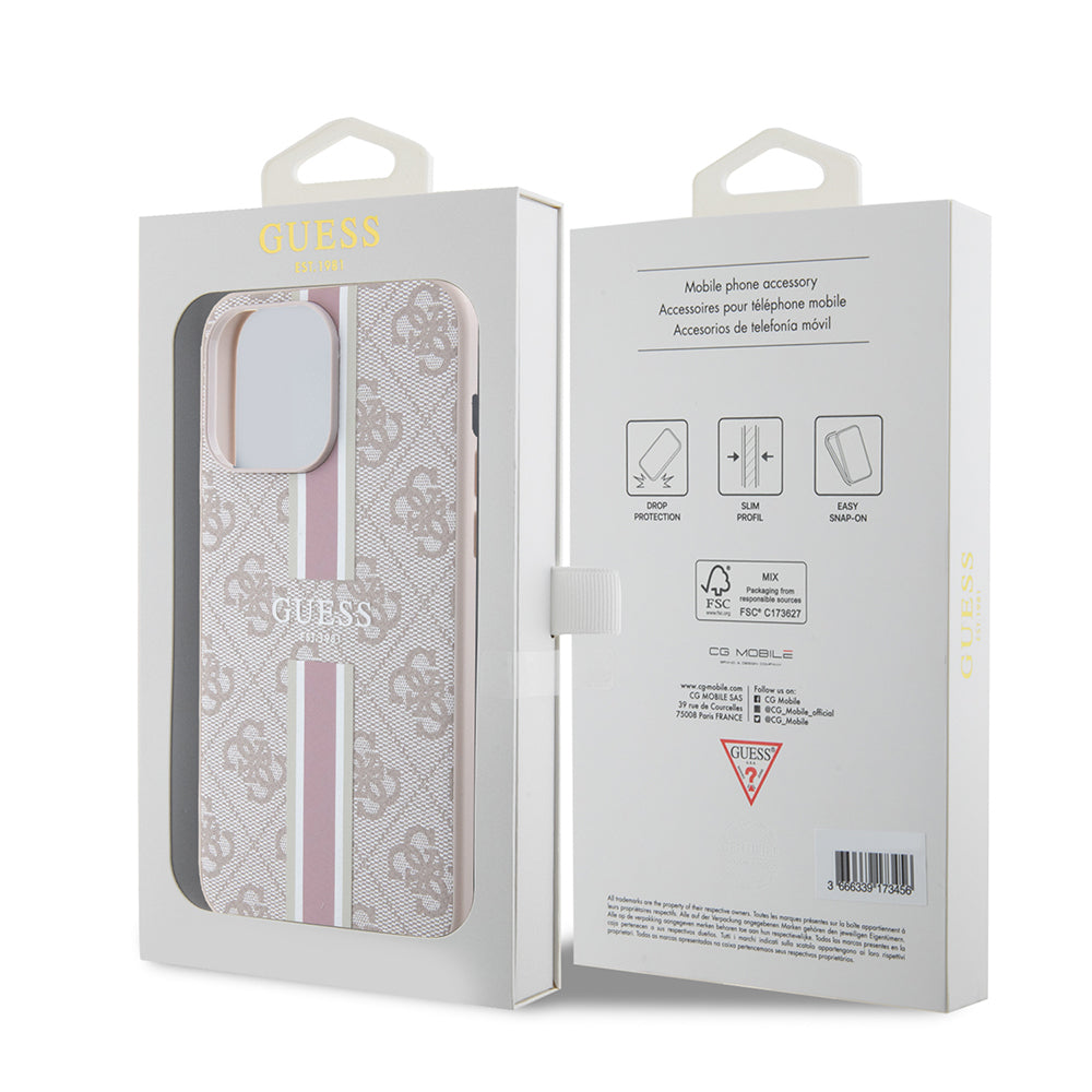 Apple iPhone 15 Pro Max Kılıf Guess Orjinal Lisanslı M-safe Şarj Özellikli 4G Şerit Tasarımlı Printed Kapak Kahverengi