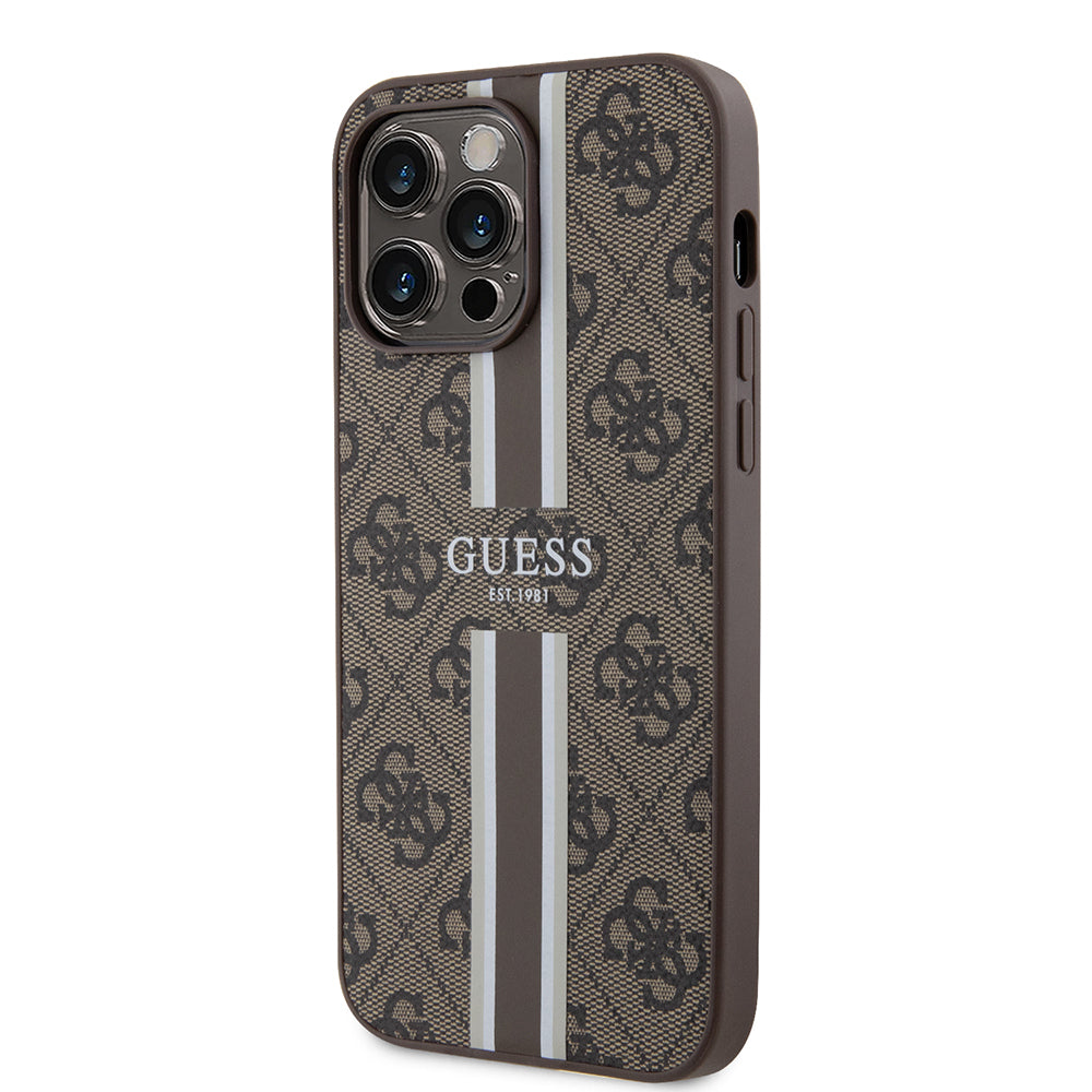 Apple iPhone 15 Pro Max Kılıf Guess Orjinal Lisanslı M-safe Şarj Özellikli 4G Şerit Tasarımlı Printed Kapak Kahverengi