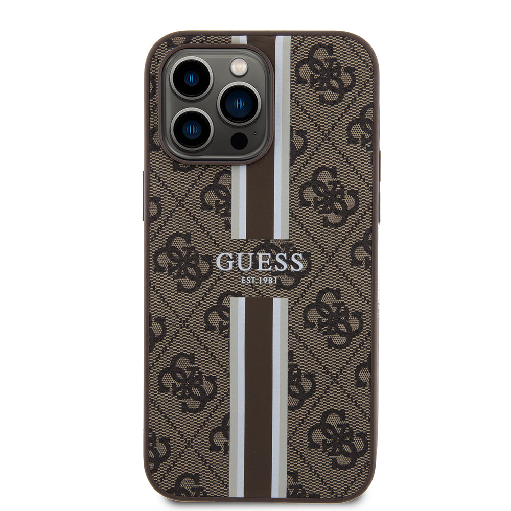 Apple iPhone 15 Pro Max Kılıf Guess Orjinal Lisanslı M-safe Şarj Özellikli 4G Şerit Tasarımlı Printed Kapak Kahverengi