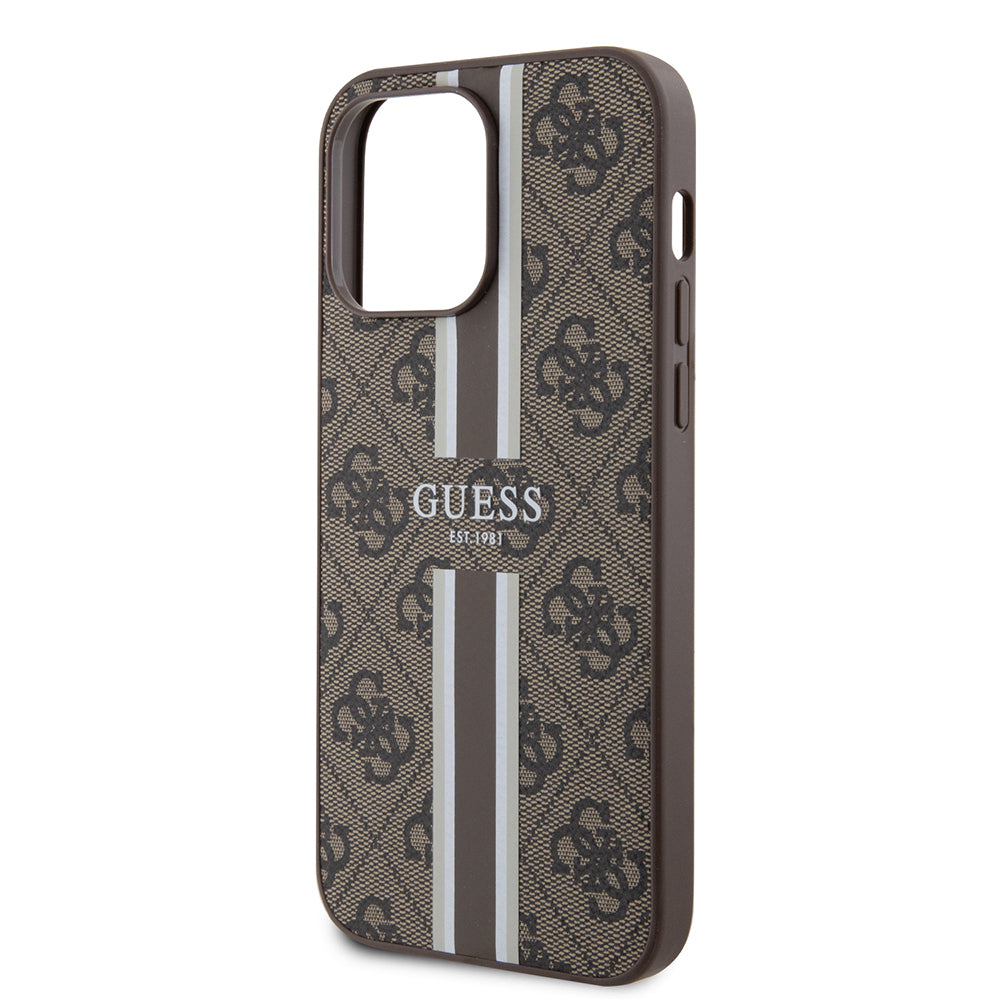 Apple iPhone 15 Pro Max Kılıf Guess Orjinal Lisanslı M-safe Şarj Özellikli 4G Şerit Tasarımlı Printed Kapak Pembe