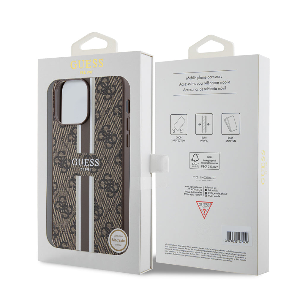 Apple iPhone 15 Pro Max Kılıf Guess Orjinal Lisanslı M-safe Şarj Özellikli 4G Şerit Tasarımlı Printed Kapak Pembe