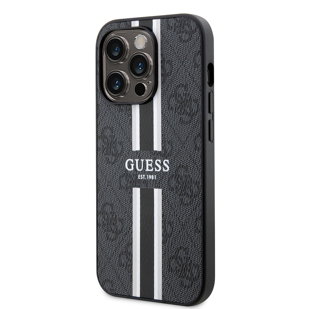 Apple iPhone 15 Pro Max Kılıf Guess Orjinal Lisanslı M-safe Şarj Özellikli 4G Şerit Tasarımlı Printed Kapak Kahverengi
