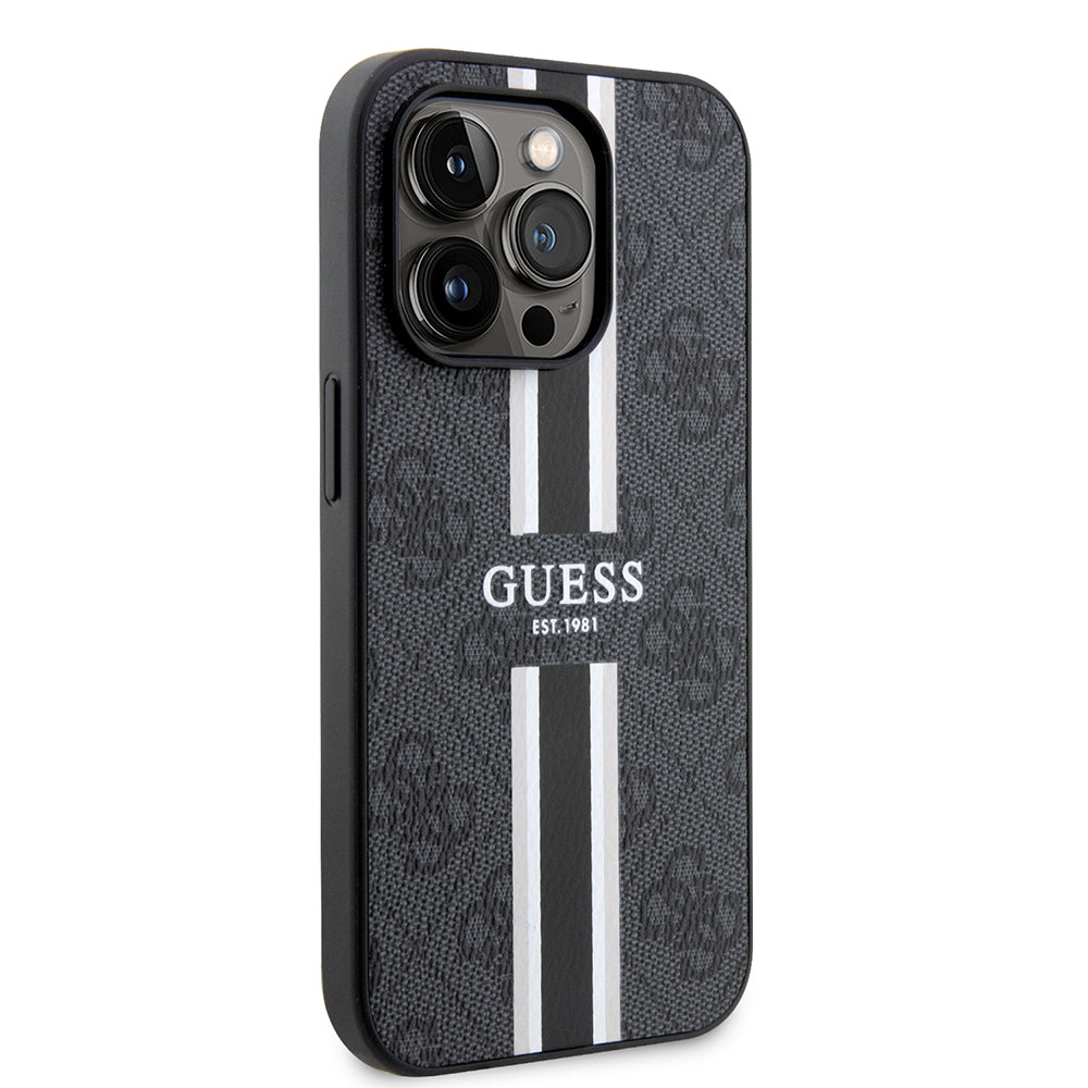 Apple iPhone 15 Pro Max Kılıf Guess Orjinal Lisanslı M-safe Şarj Özellikli 4G Şerit Tasarımlı Printed Kapak Kahverengi