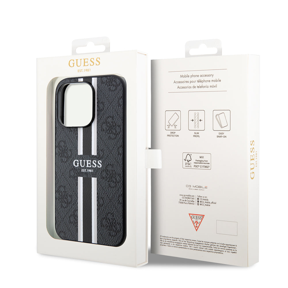 Apple iPhone 15 Pro Max Kılıf Guess Orjinal Lisanslı M-safe Şarj Özellikli 4G Şerit Tasarımlı Printed Kapak Pembe