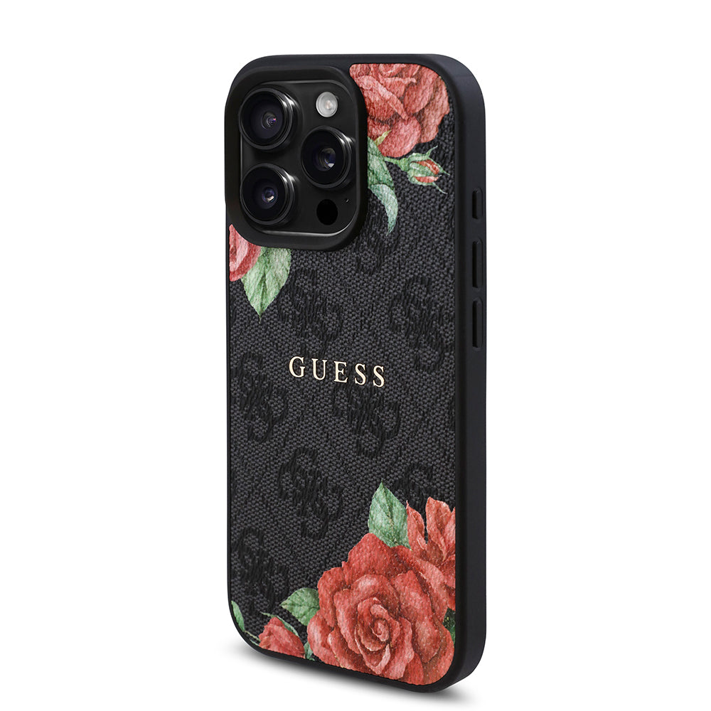 Apple iPhone 15 Pro Max Kılıf Guess Orjinal Lisanslı M-safe Şarj Özellikli Gül Baskılı 4G Desenli Yazı Logolu Kapak Siyah